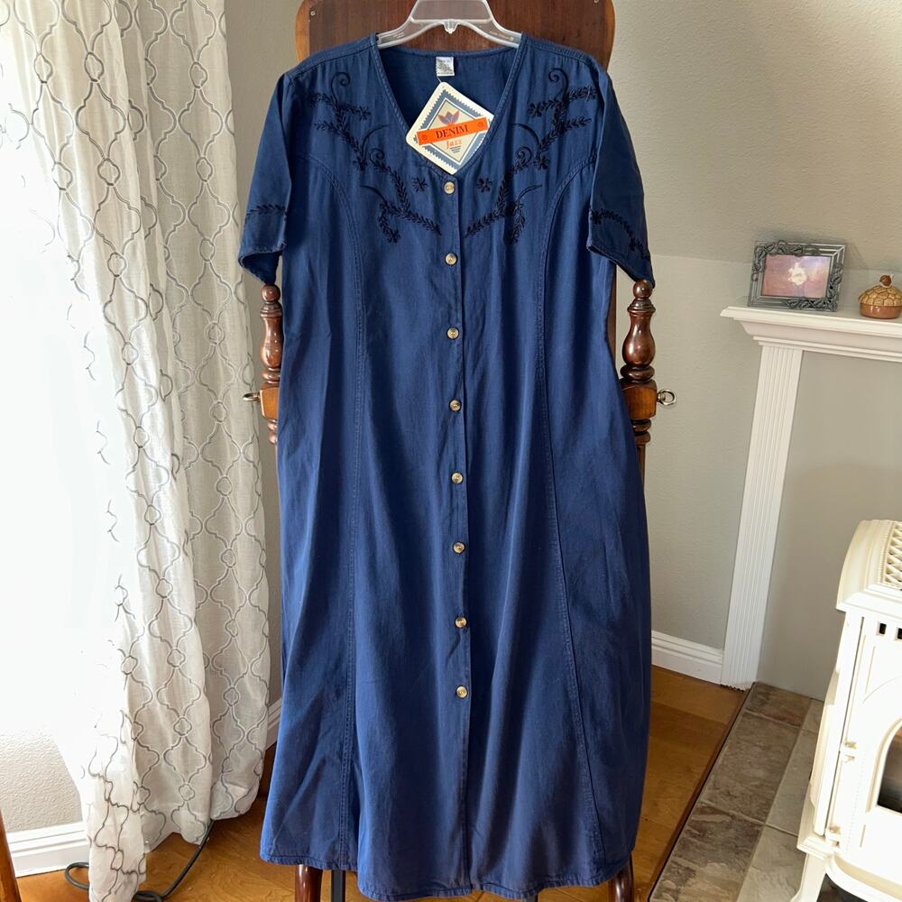 New vintage Denim Jazz maxi dress button up short sleeves embroidered 1X cottage